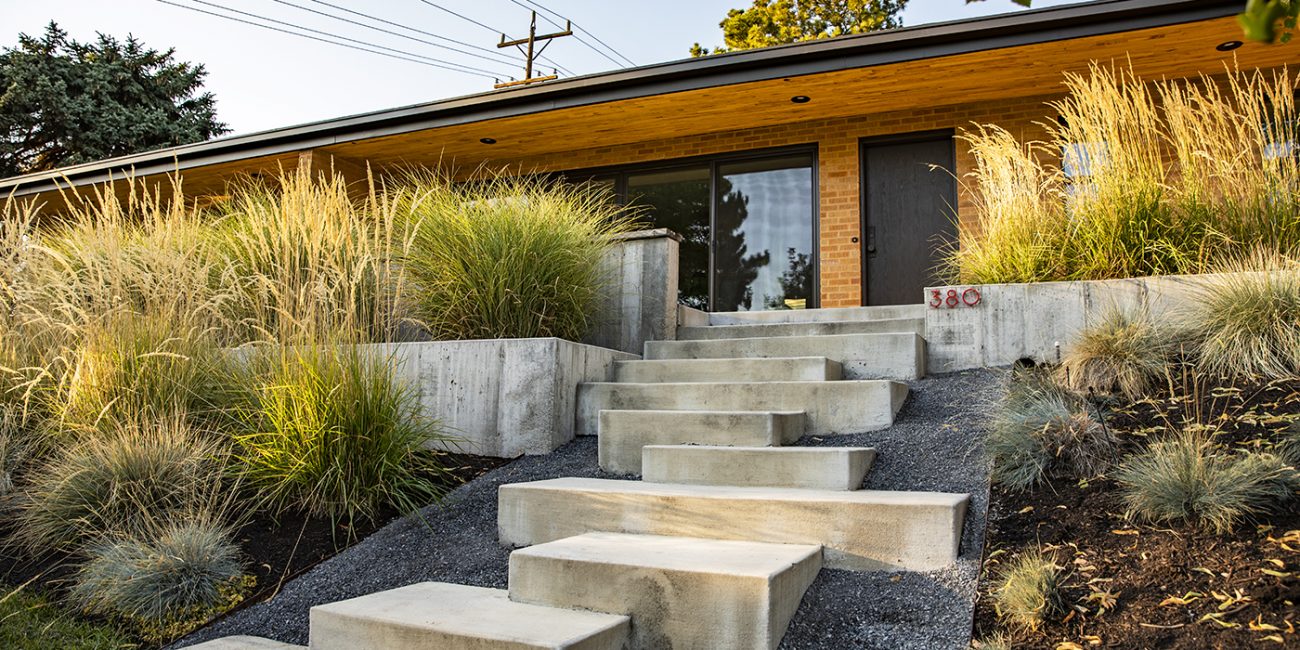 Xeriscape with modern cement stairs offset with grass gardens and cement rock wall garden beds.