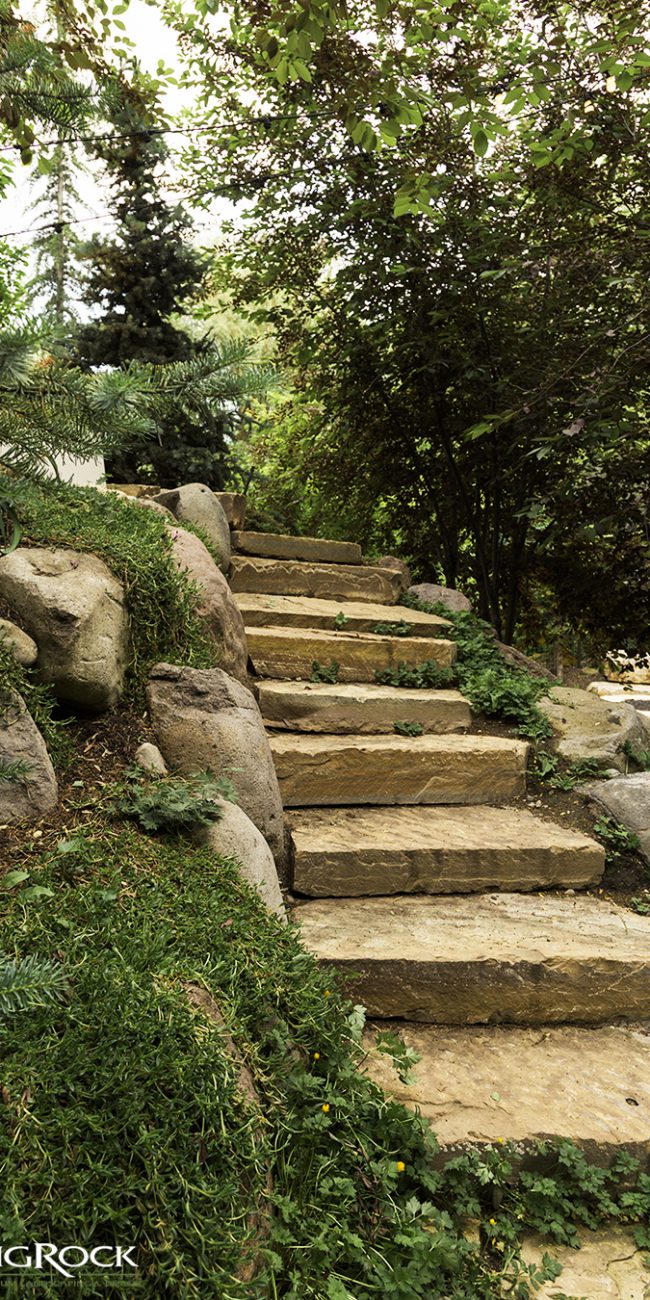 Integrate stone walkways into your landscape with rock landscape, shrubs and a canopy of trees.