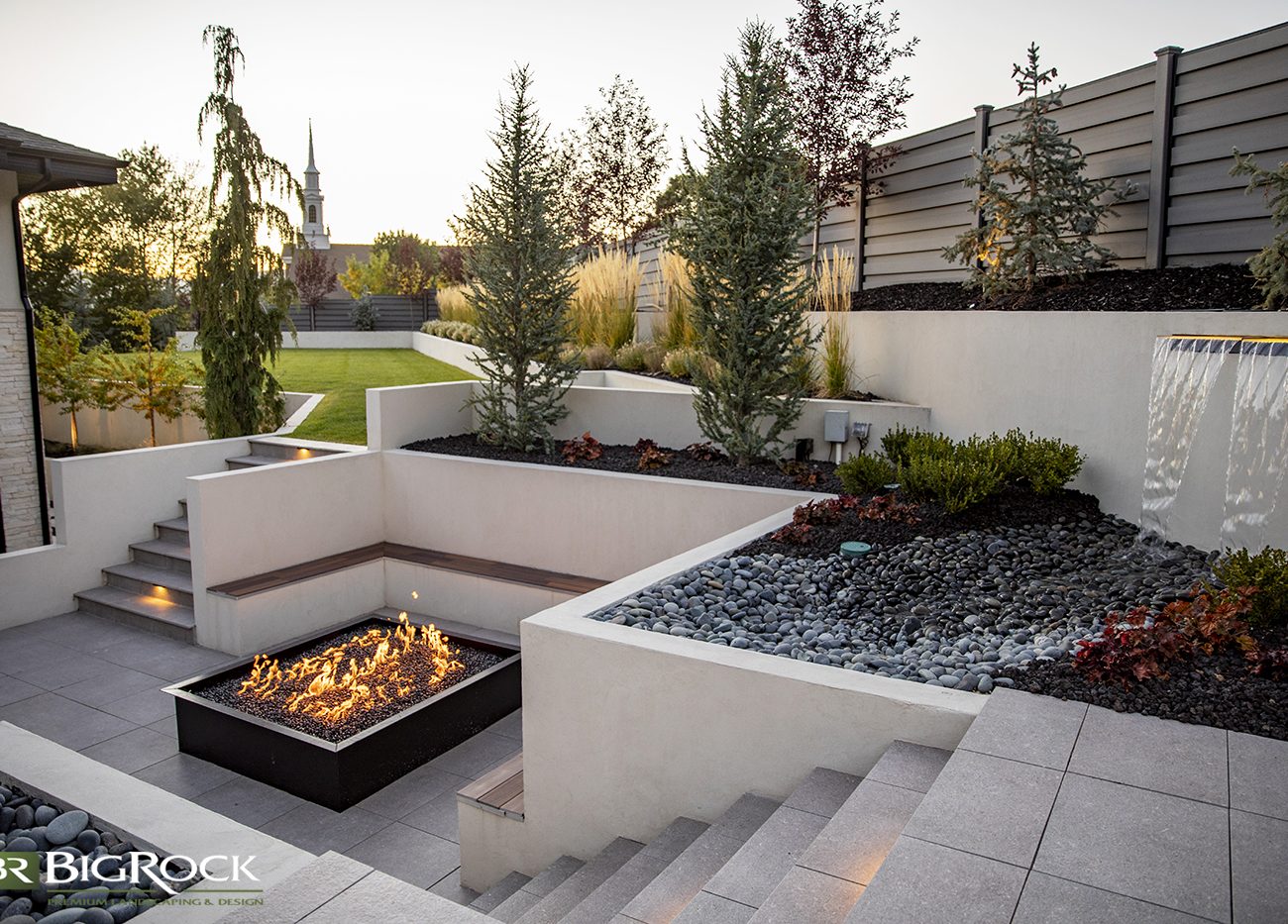beautiful modern landscaping with multi-level backyard