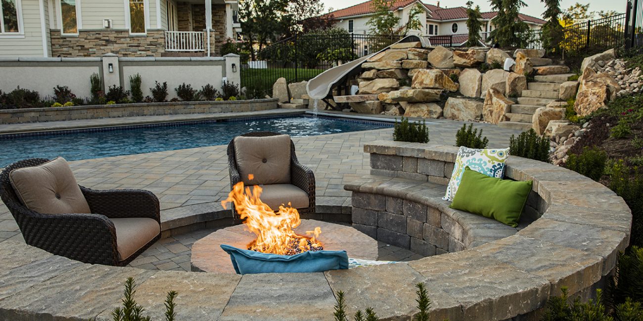 luxury landscape with round firepit seats