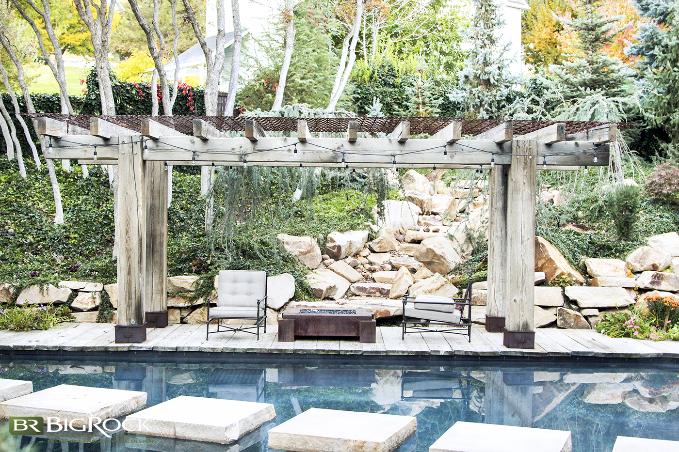 pergola covering patio by backyard pool