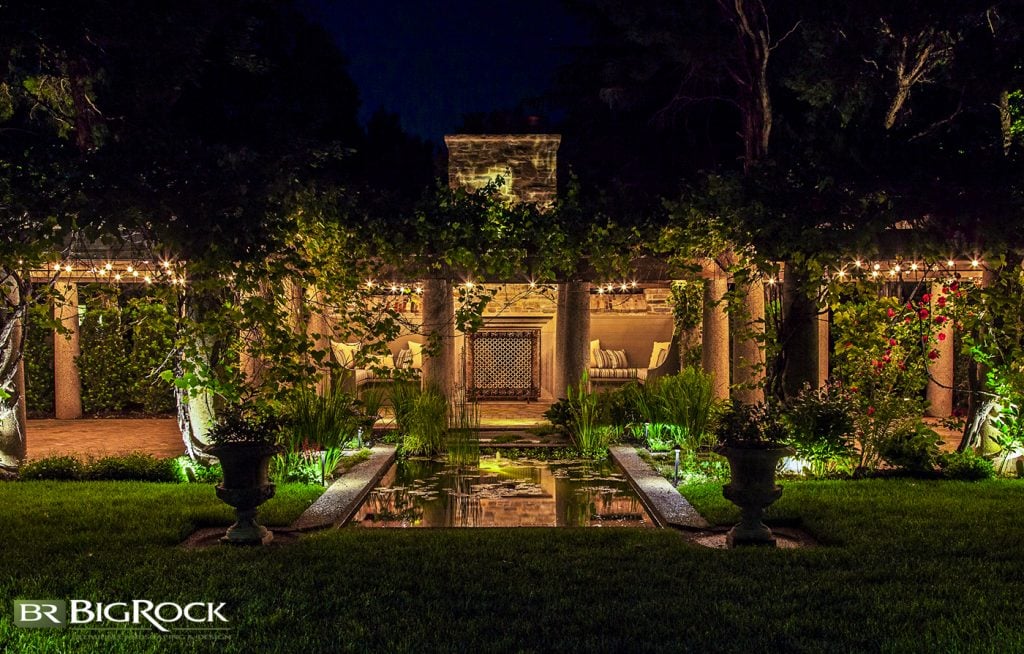 This seating area and water feature while perfectly idyllic during the day becomes something truly special at night